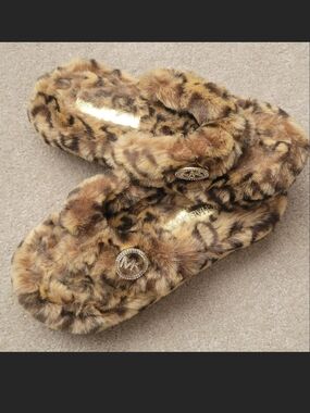 Michael Kors Leopard Faux-Fur Slide Slippers in Brown and Tan
